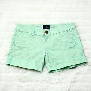 American Eagle Stretch Low Rise Casual Shorts, Seafoam/White Polka Dots, Sz 4